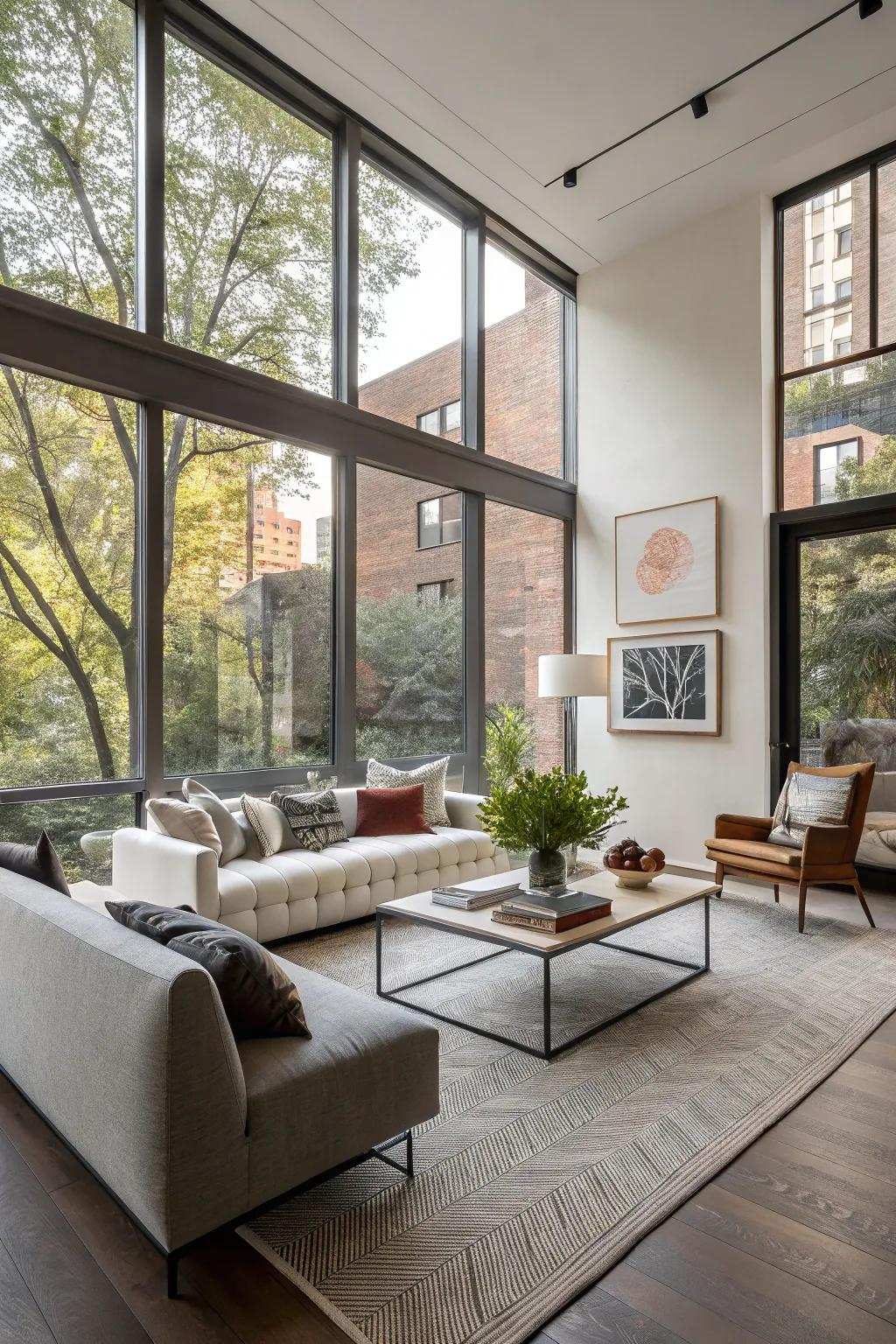 A fashionable living space featuring angled windows that provide expansive views.