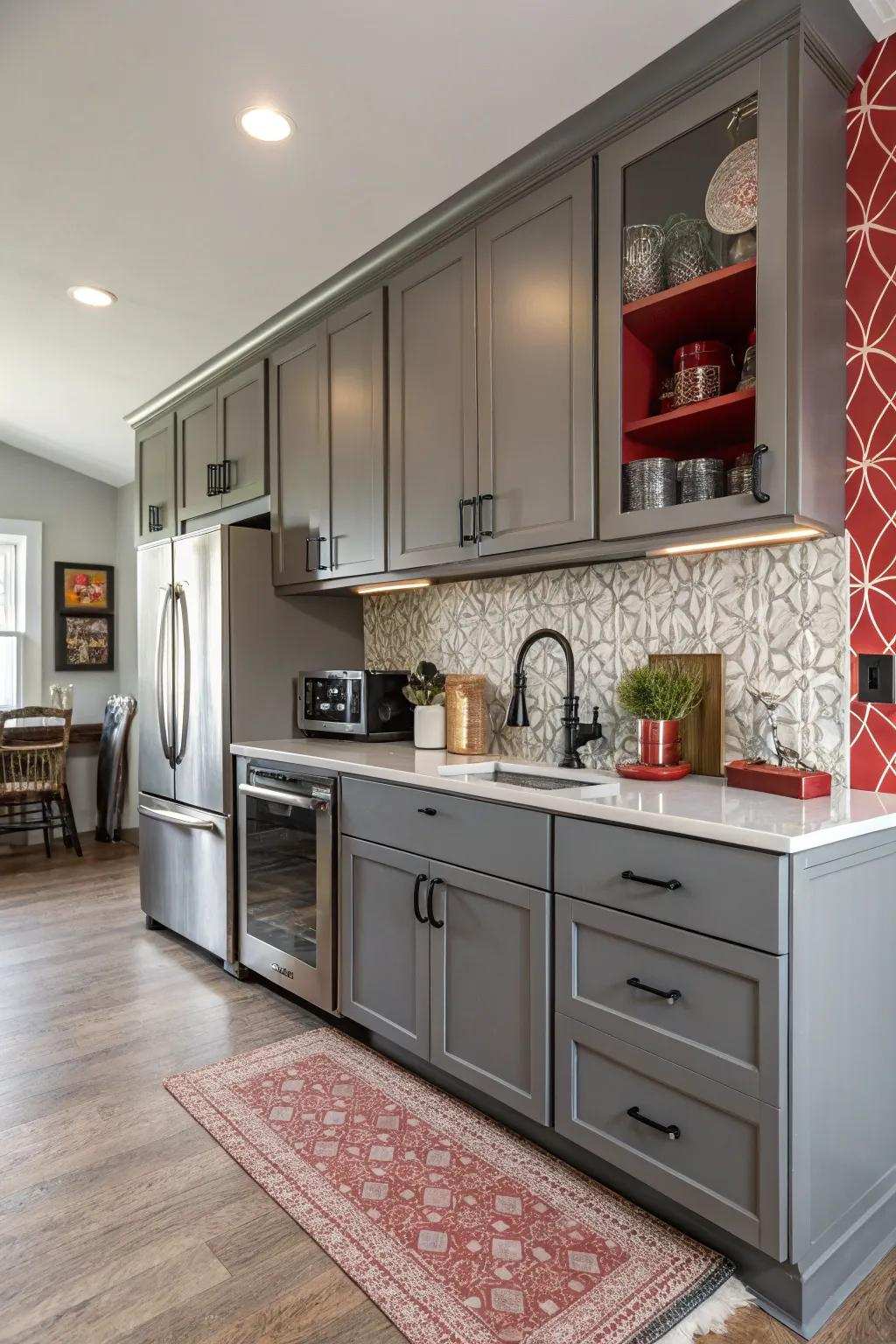 A feature wall contributes depth and interest to the kitchen.