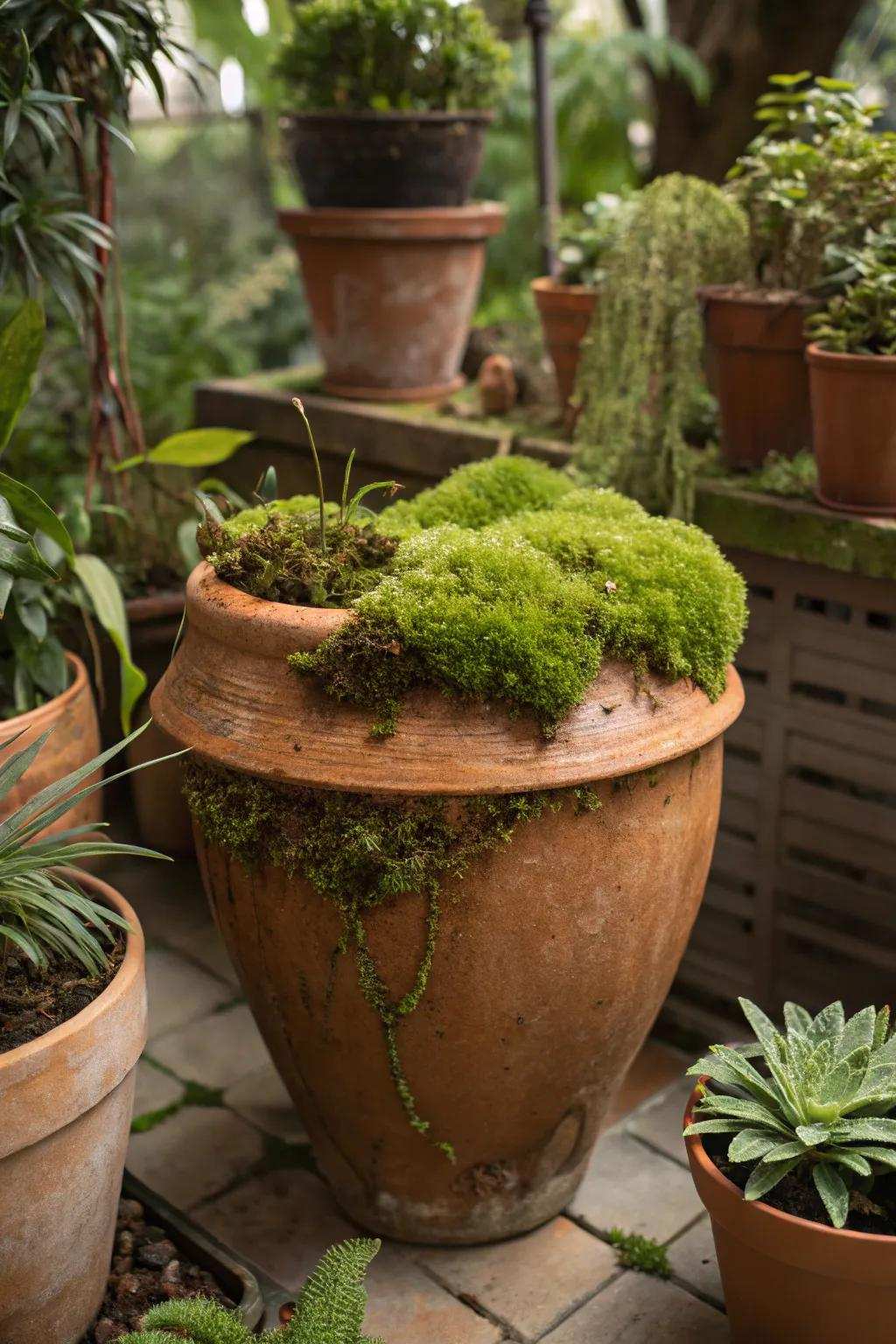 A fired clay pot crowned with moss, adding dimension and freshness.