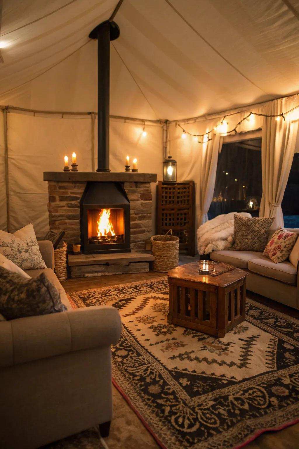 A fireplace serving as the centerpiece of a cozy den.
