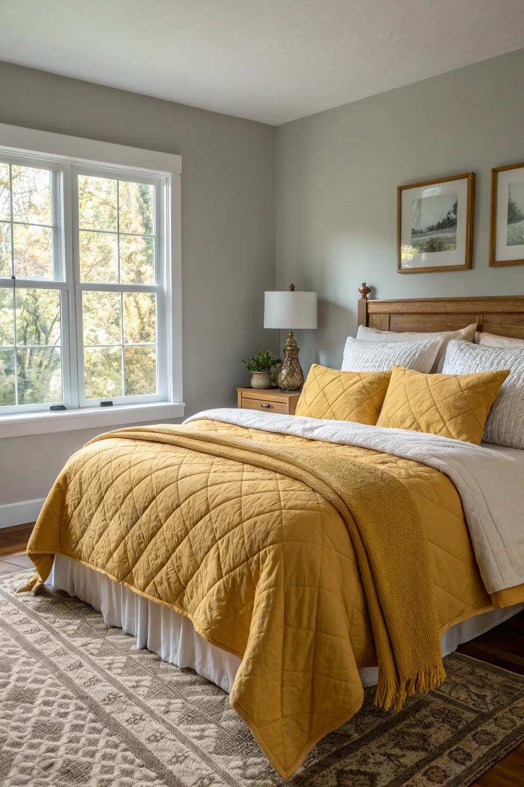 A flexible bedroom using goldenrod bedding, ready for any season.