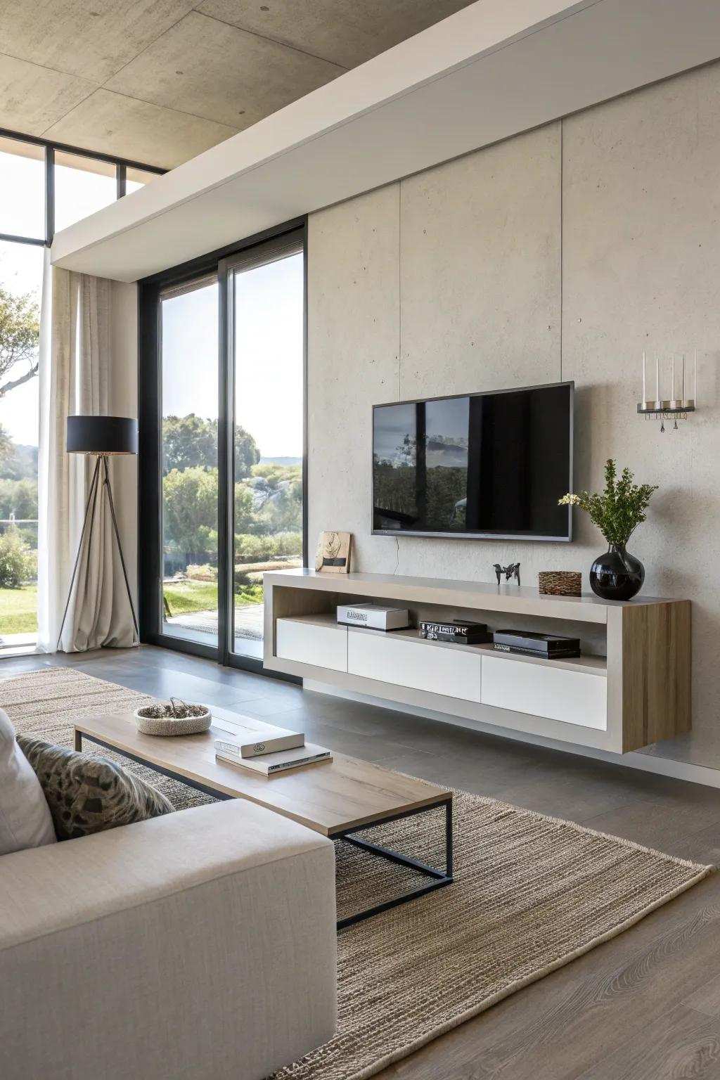 A floating TV console adding an airy feel to the room.