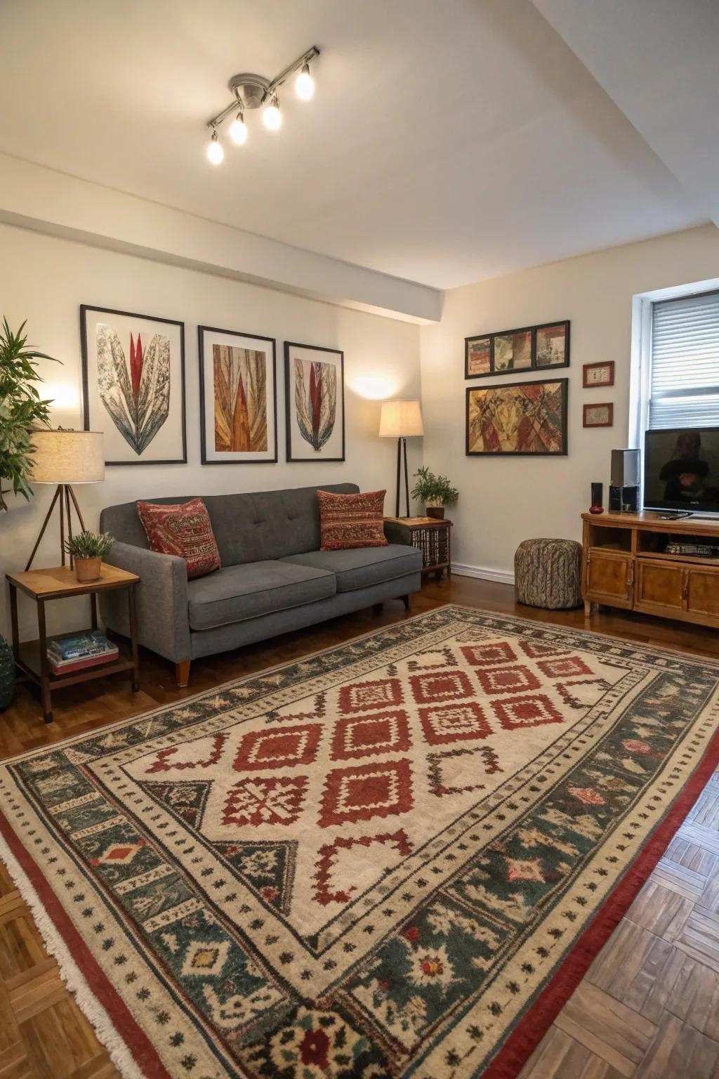 A floor covering marks off spaces while adding texture and color.