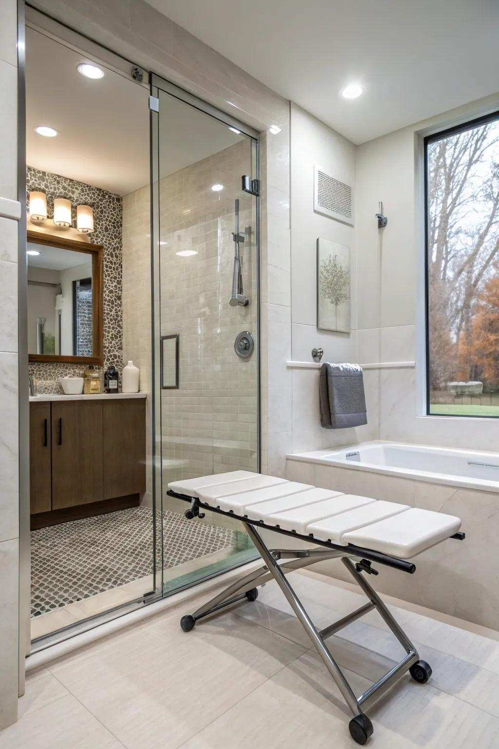 A foldable hidden bench optimizes space effectiveness within the shower.
