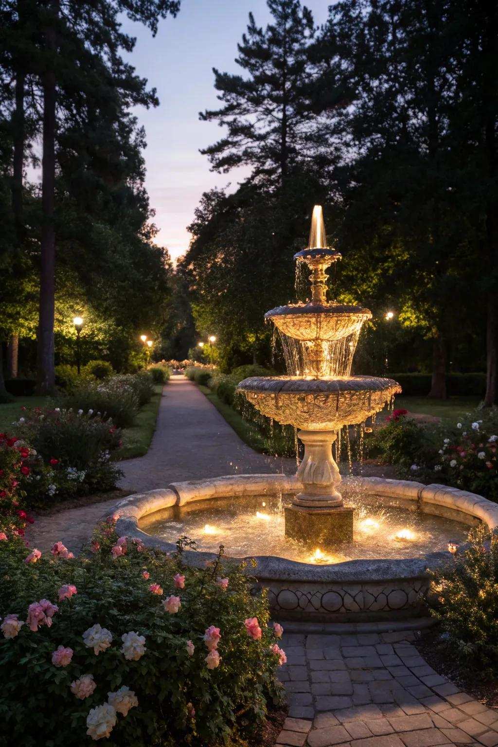 A fountain beautifully illuminated with atmospheric lighting.
