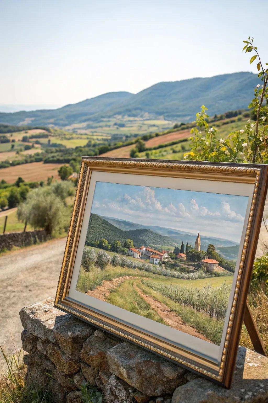 A framed scenic painting bringing the tranquil countryside indoors.