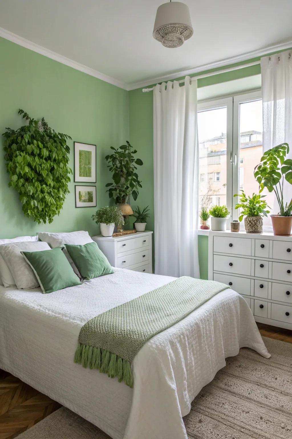 A fresh and clean bedroom with a harmonious verdant and pale theme.