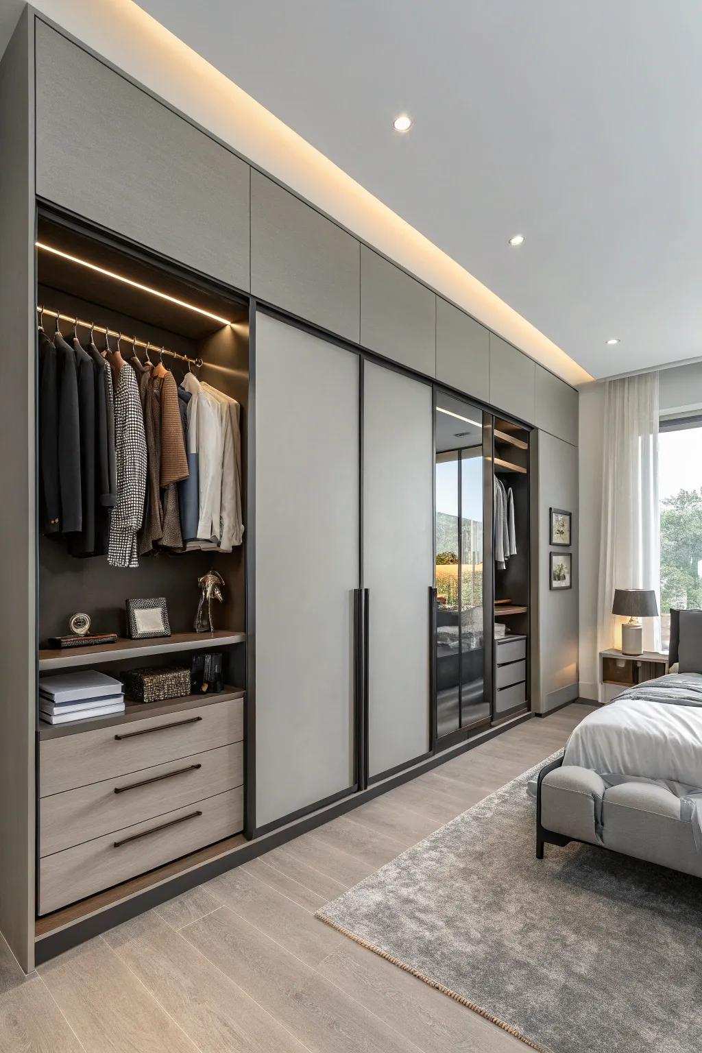 A full-height closet that optimizes vertical area within a contemporary apartment.