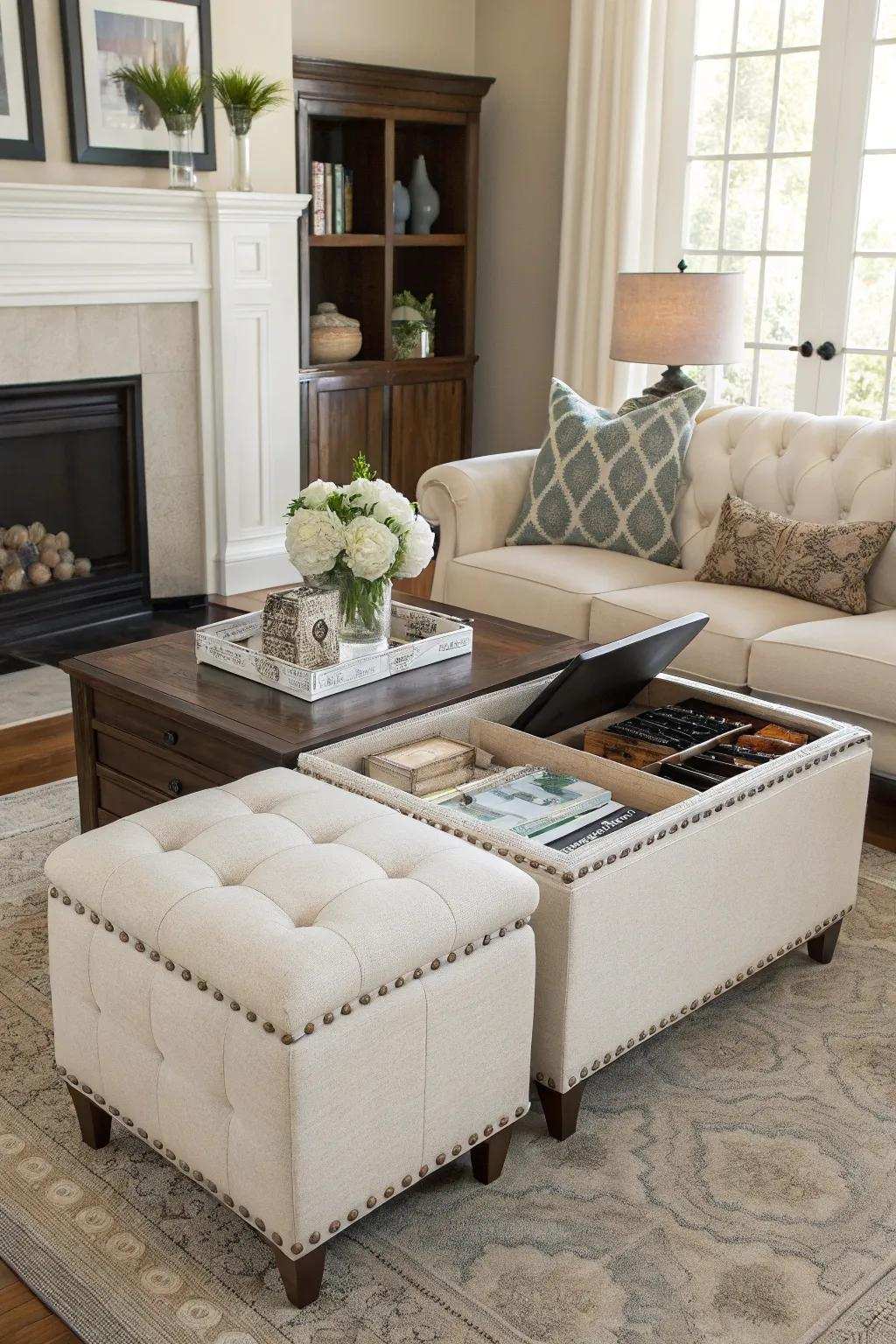 A functional and fashionable living room equipped with flexible furnishings.