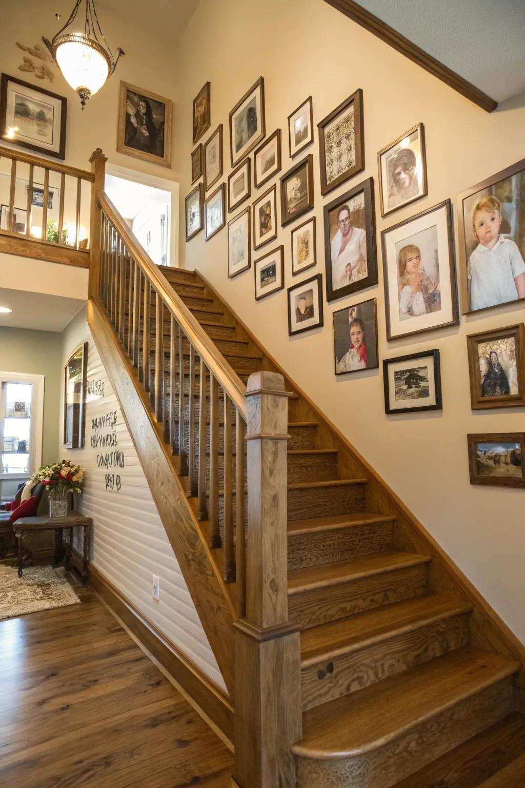 A gallery wall applies a personalized impression onto your farmhouse staircase.