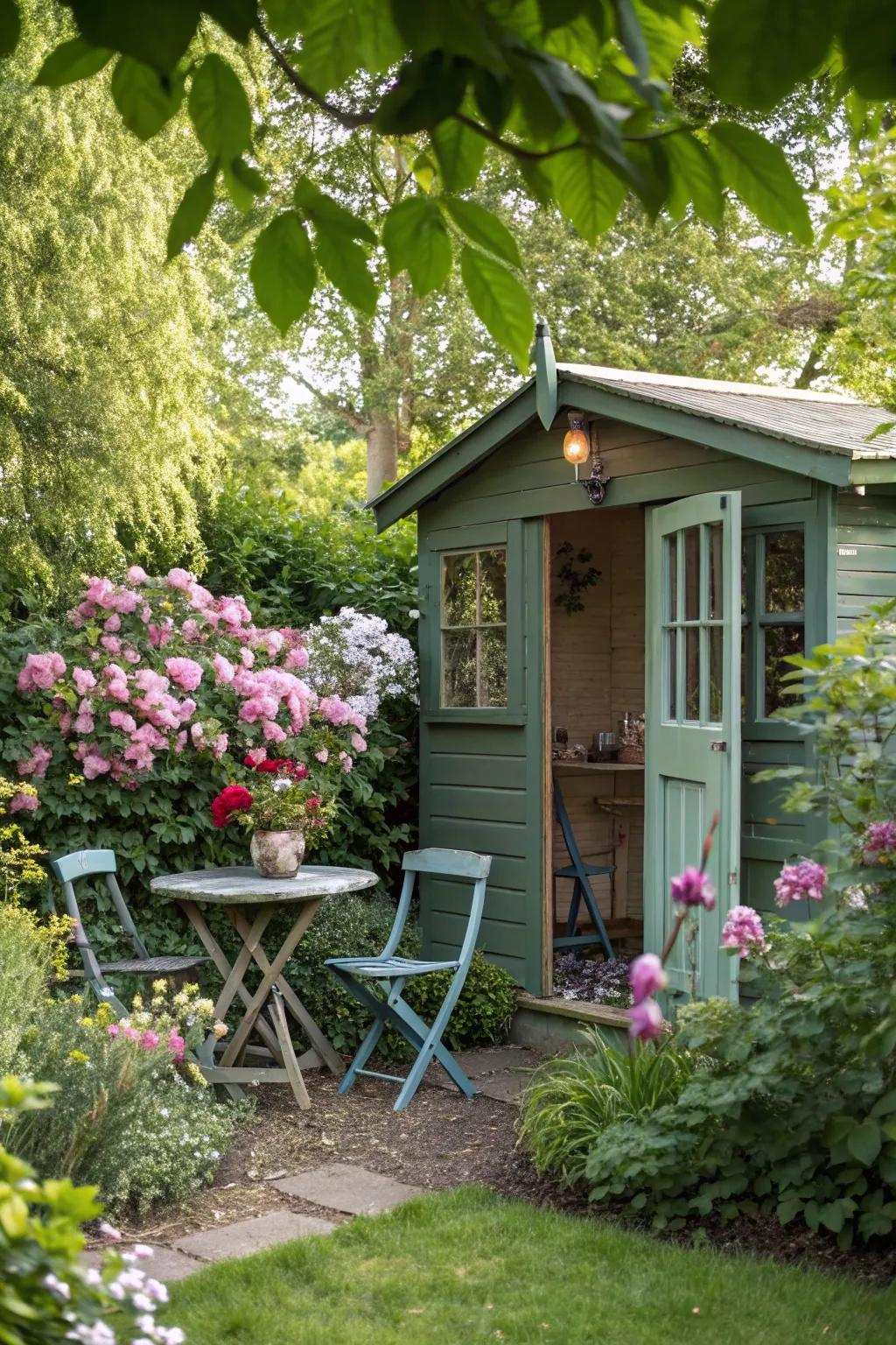 A garden shed converted into a charming garden café.