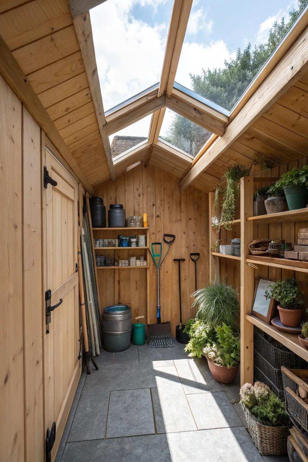 A garden shed featuring a skylight for an abundance of natural illumination.