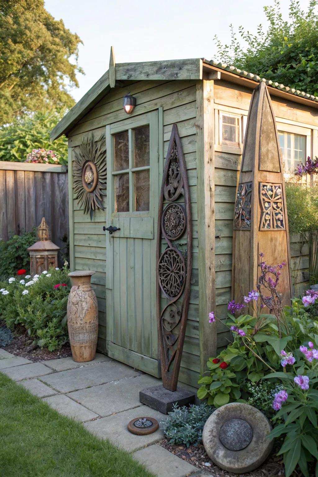 A garden shed highlighted with distinctive outdoor artistry.