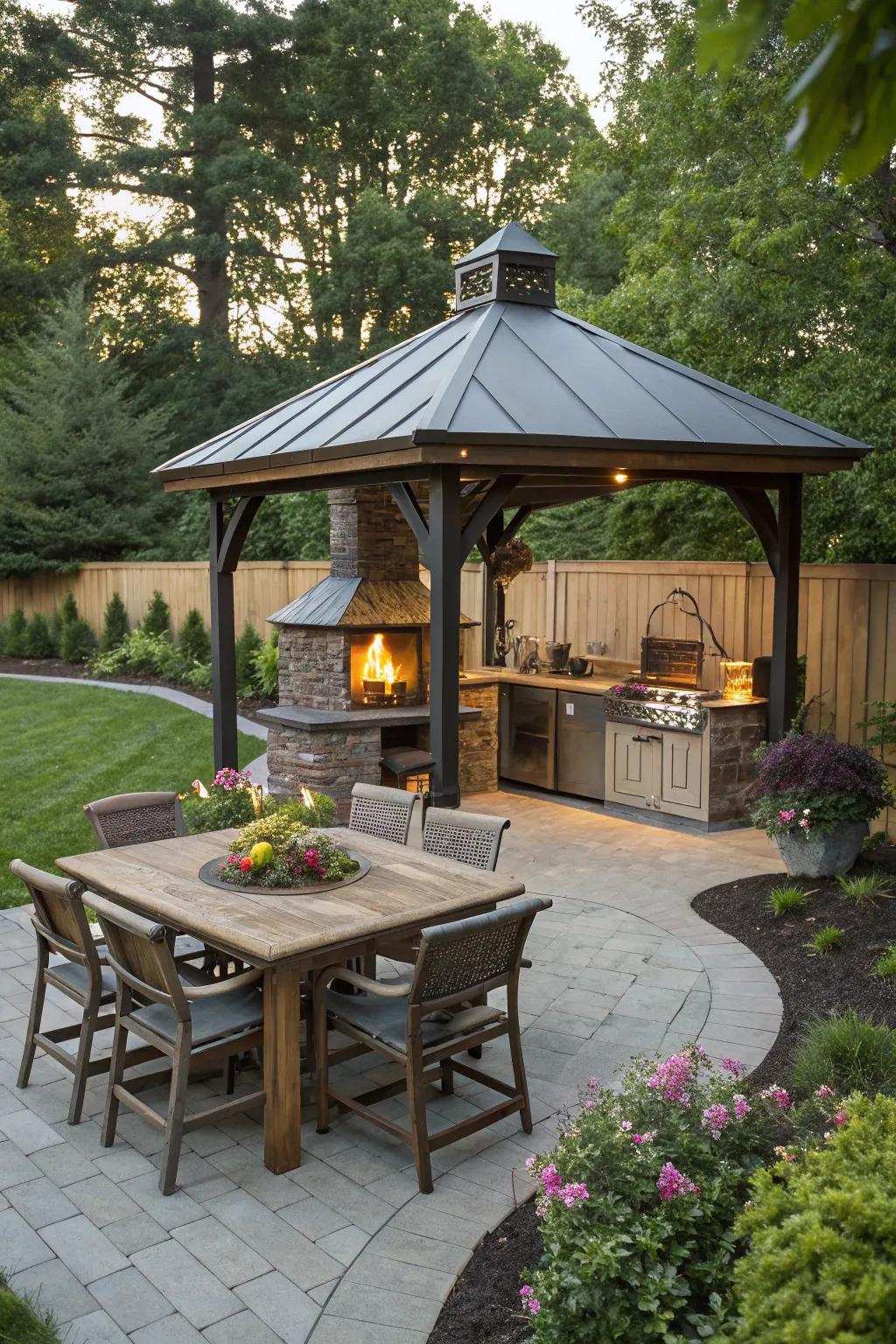 A gazebo featuring an open fire cultivates a warm and welcoming open-air cooking space.