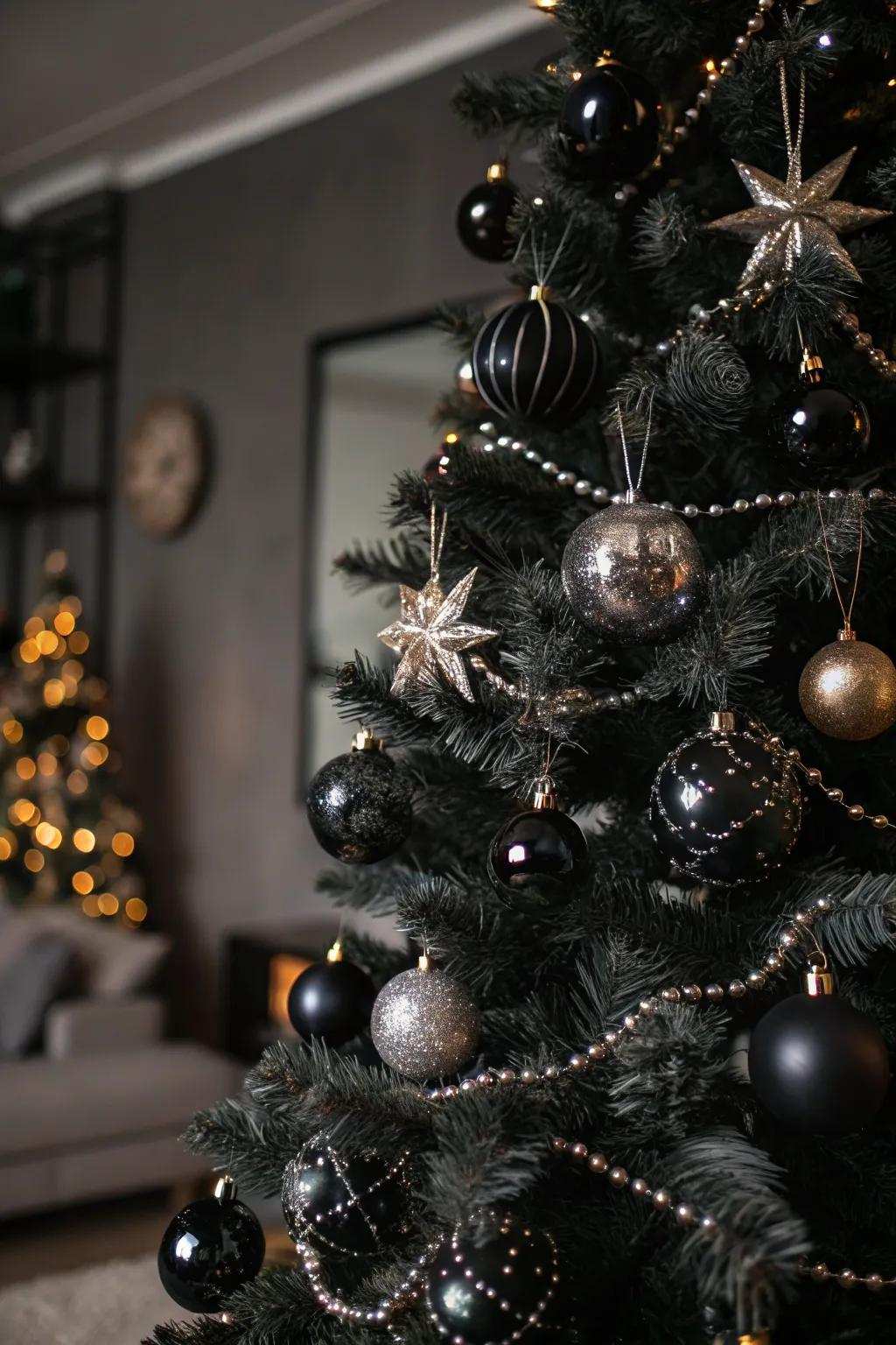 A glam rock-themed Christmas tree featuring black and metallic decorations.