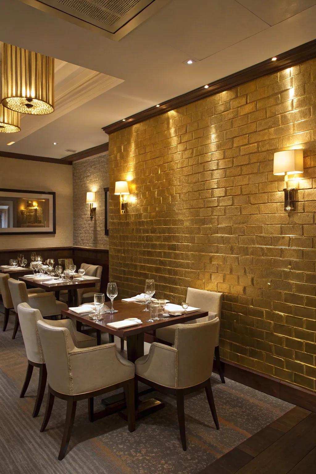 A glamorous dining space featuring a metallic gold brick wall.