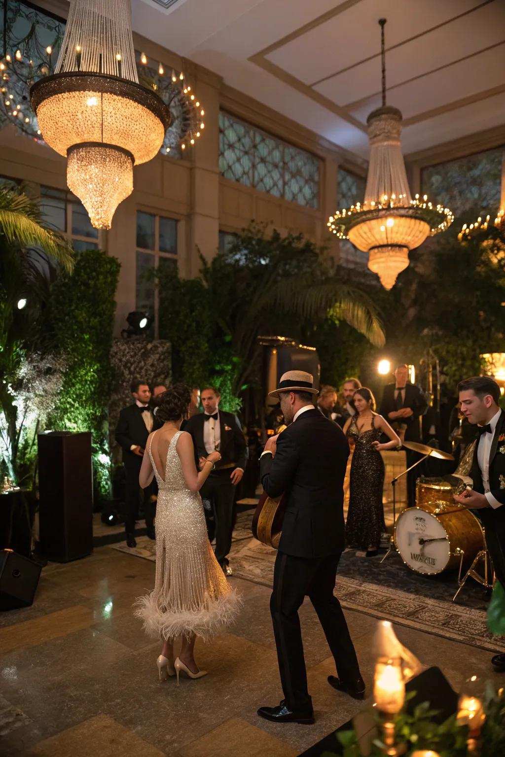 A glamorous Gatsby-inspired celebration arrangement.