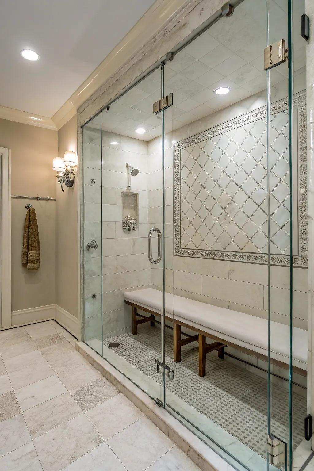 A glass-enclosed bench maintains an open and seamless shower layout.