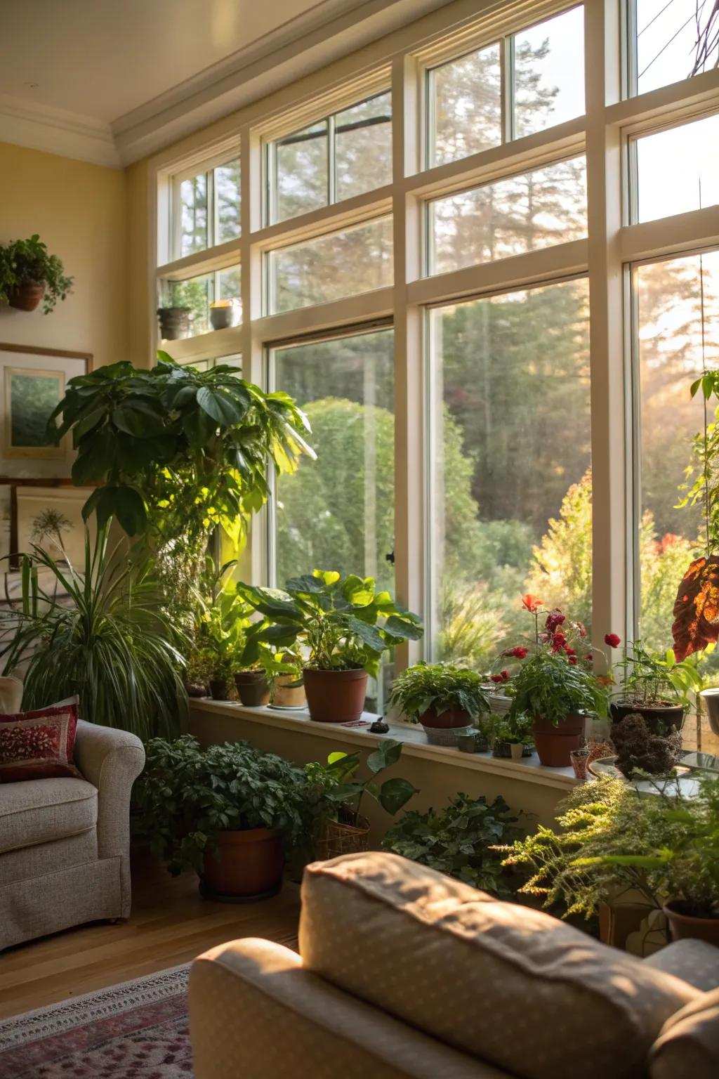 A glasshouse window presents a vibrant location for interior flora in this living space.