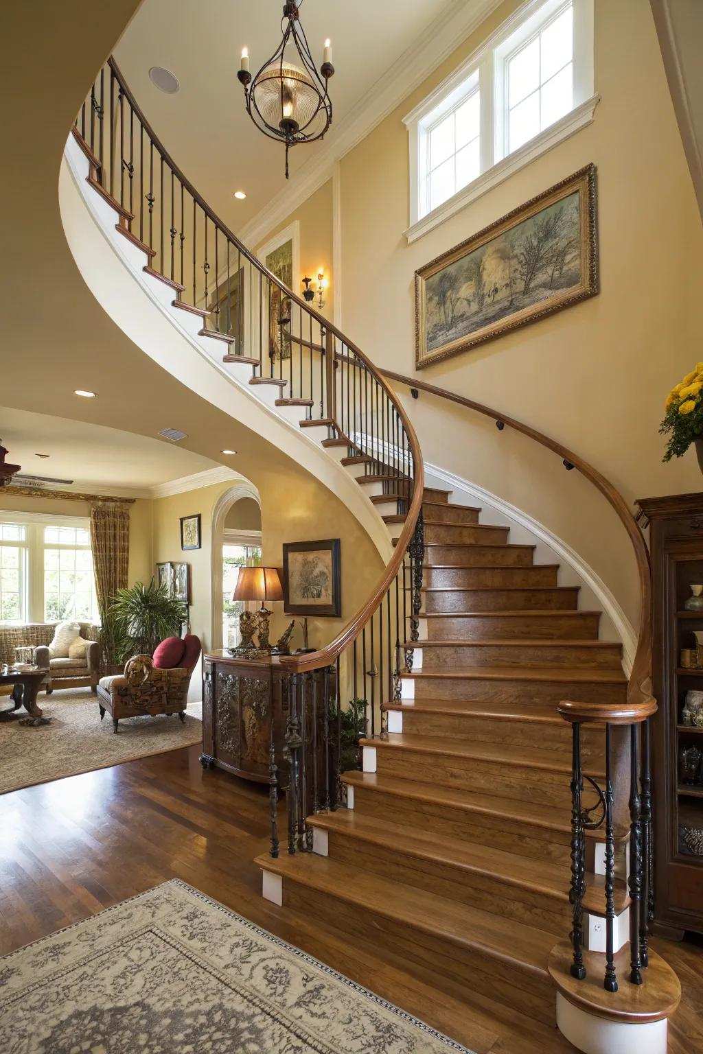 A grand curved stairway establishes a dramatic entrance.