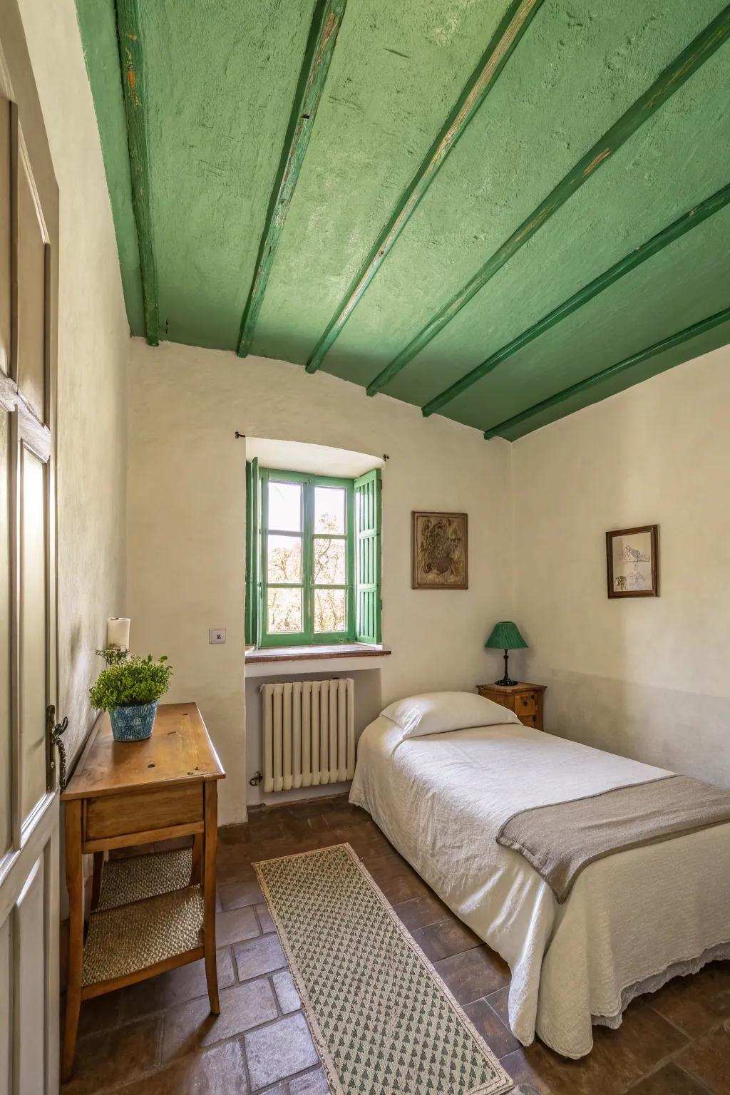 A green ceiling adds an unexpected design twist.