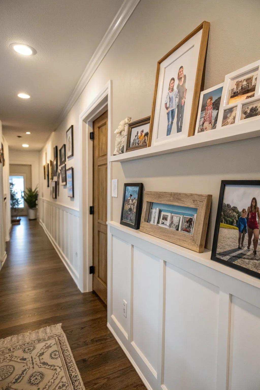 A hallway display ledge beautifully personalizes the area.