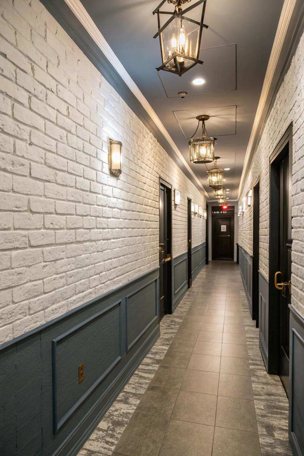 A hallway enhanced with a fashionable dual-tone brick wall pattern.