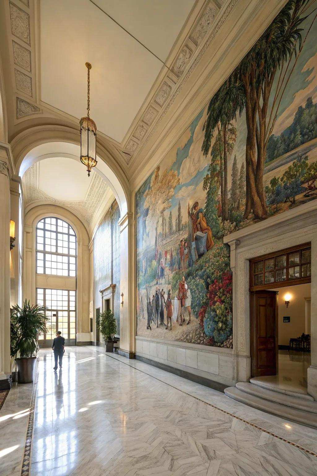 A hand-painted wall covering introduces a personal and artistic accent to a grand entryway.