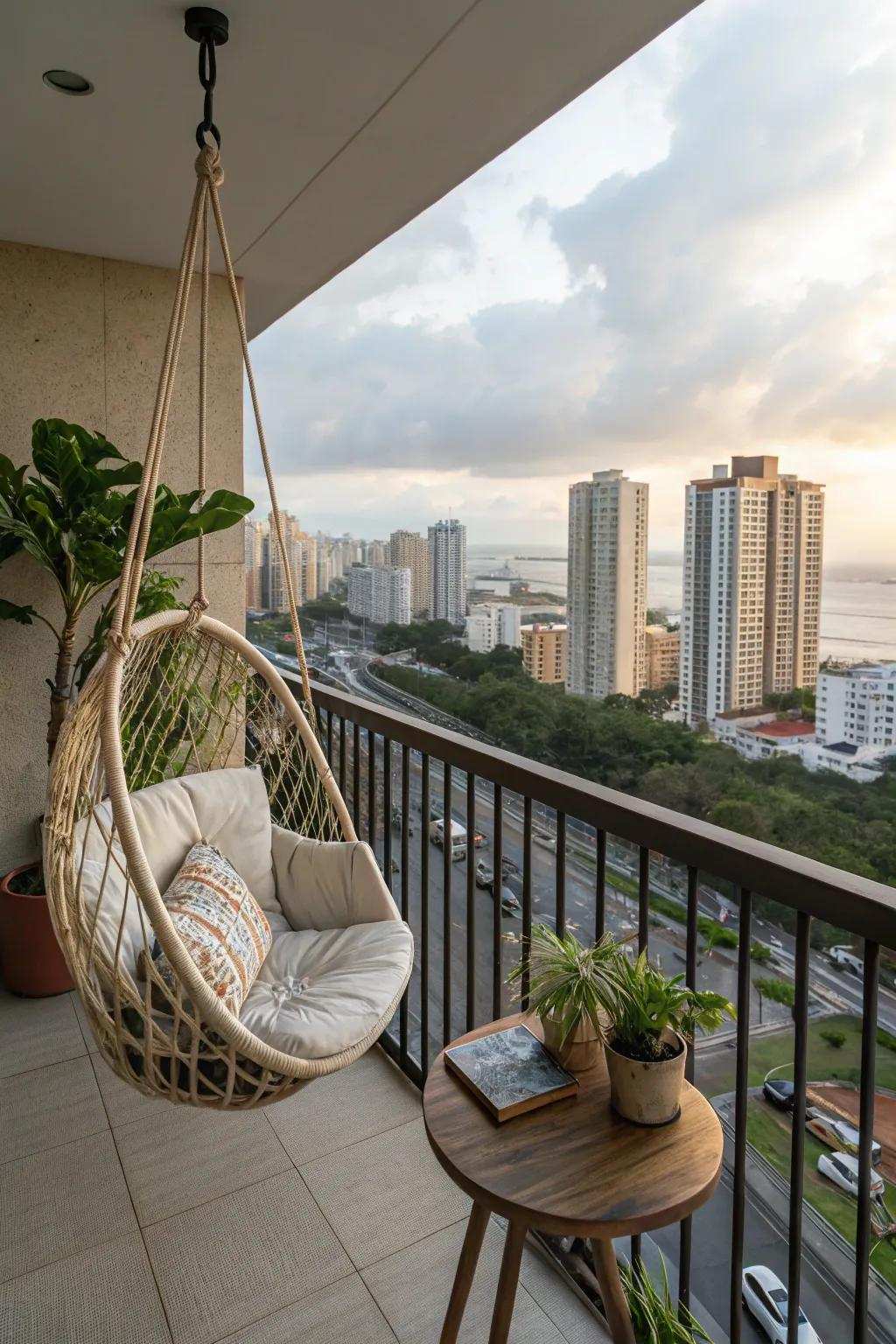 A hanging chair presents a unique and playful seating choice.