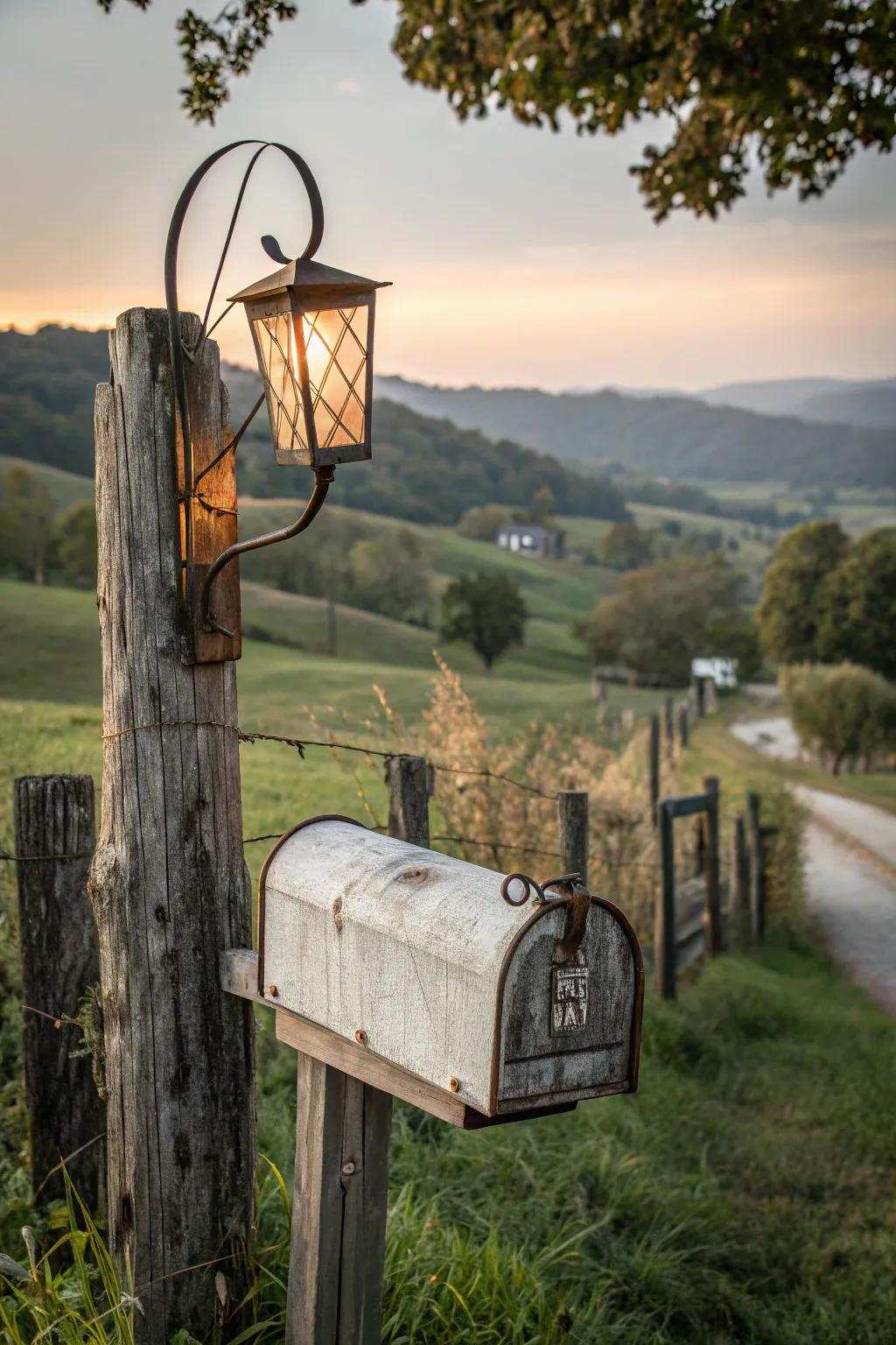 A hanging lantern adds warmth and charm to this farmhouse mailbox.