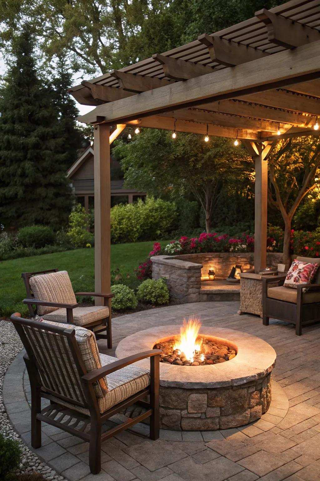 A hearth element offers warmth and a cozy atmosphere, perfect for social get-togethers.