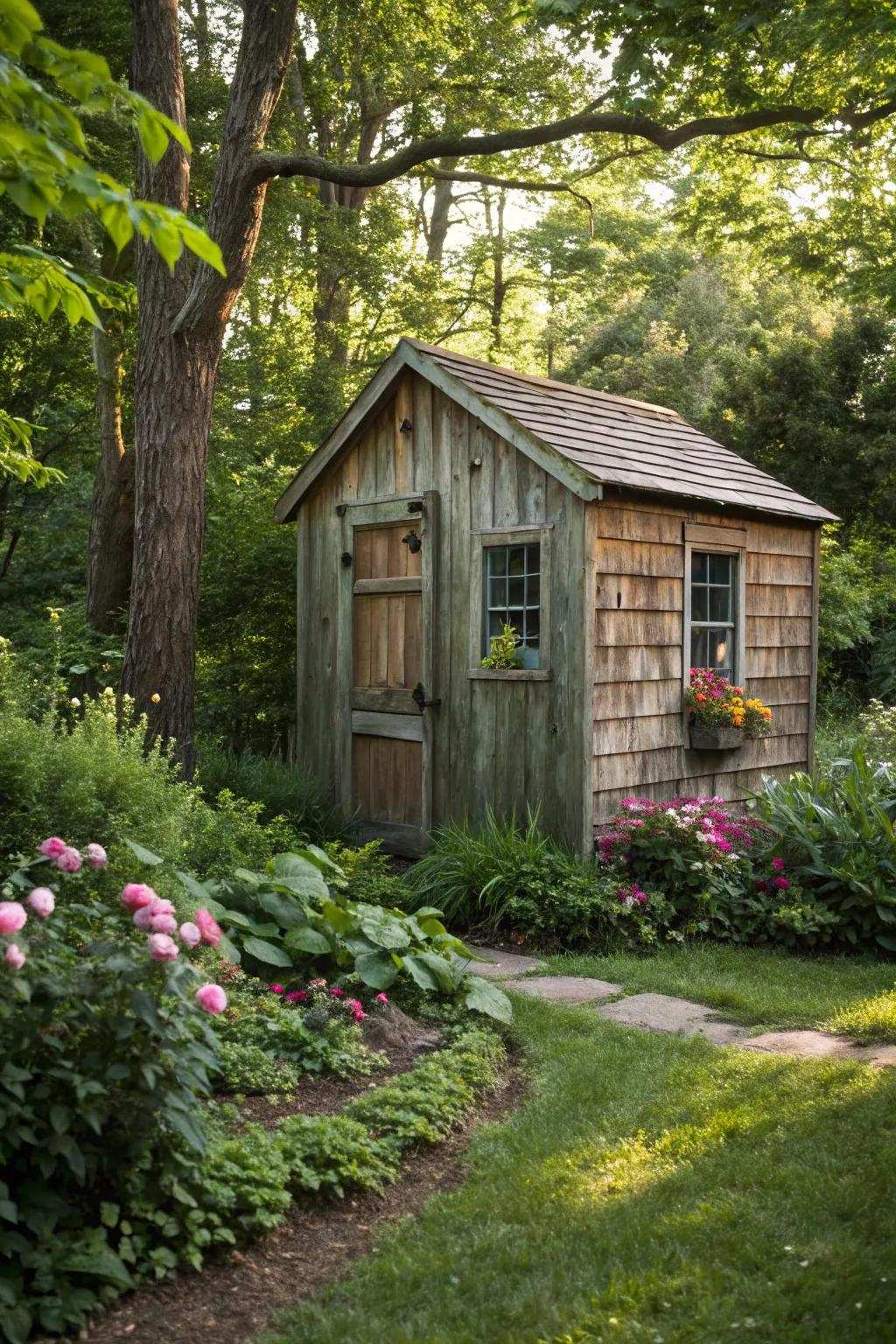 A hidden writing shed getaway encircled by nature's embrace.