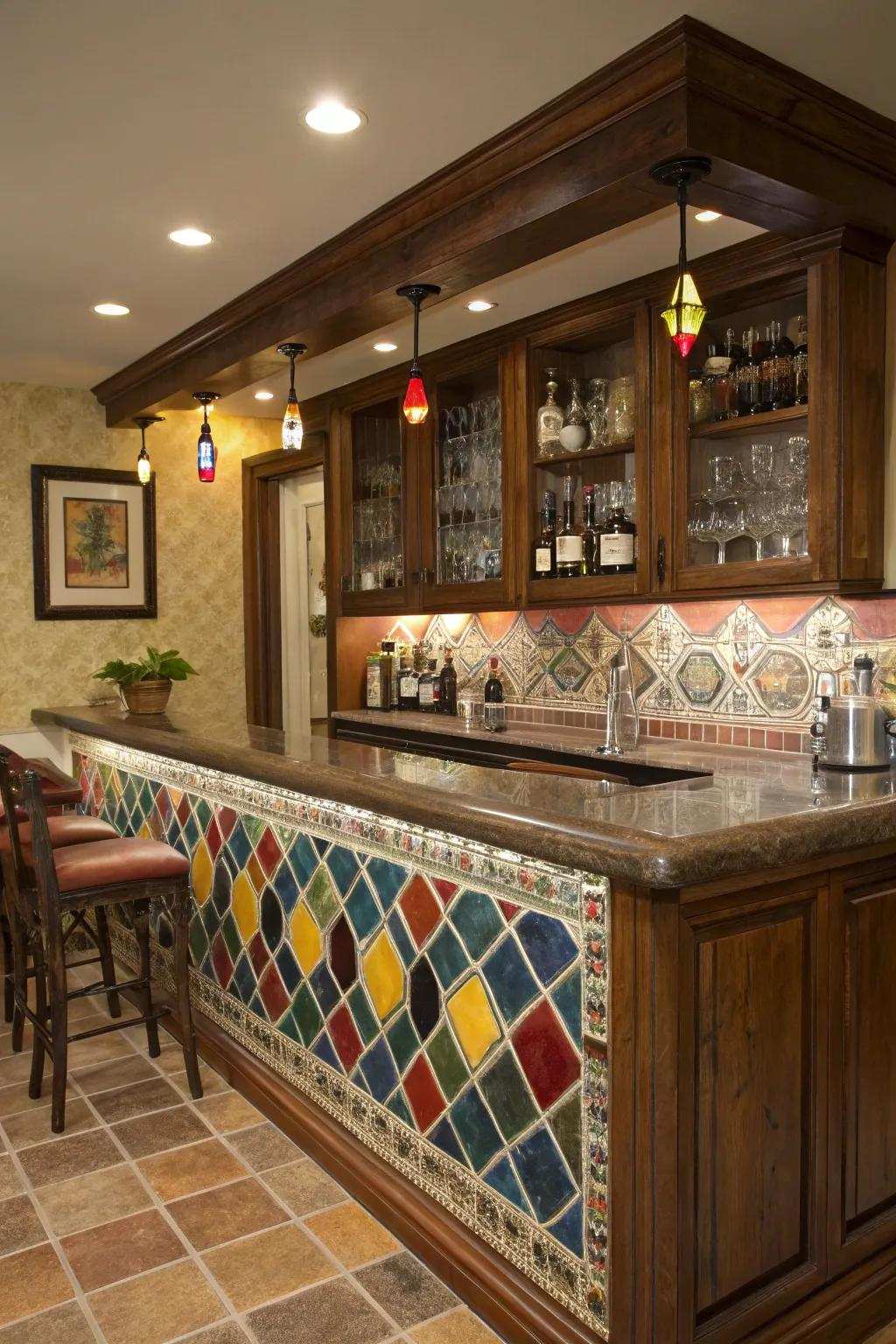 A home bar with a tile backsplash featuring colored grout accents.