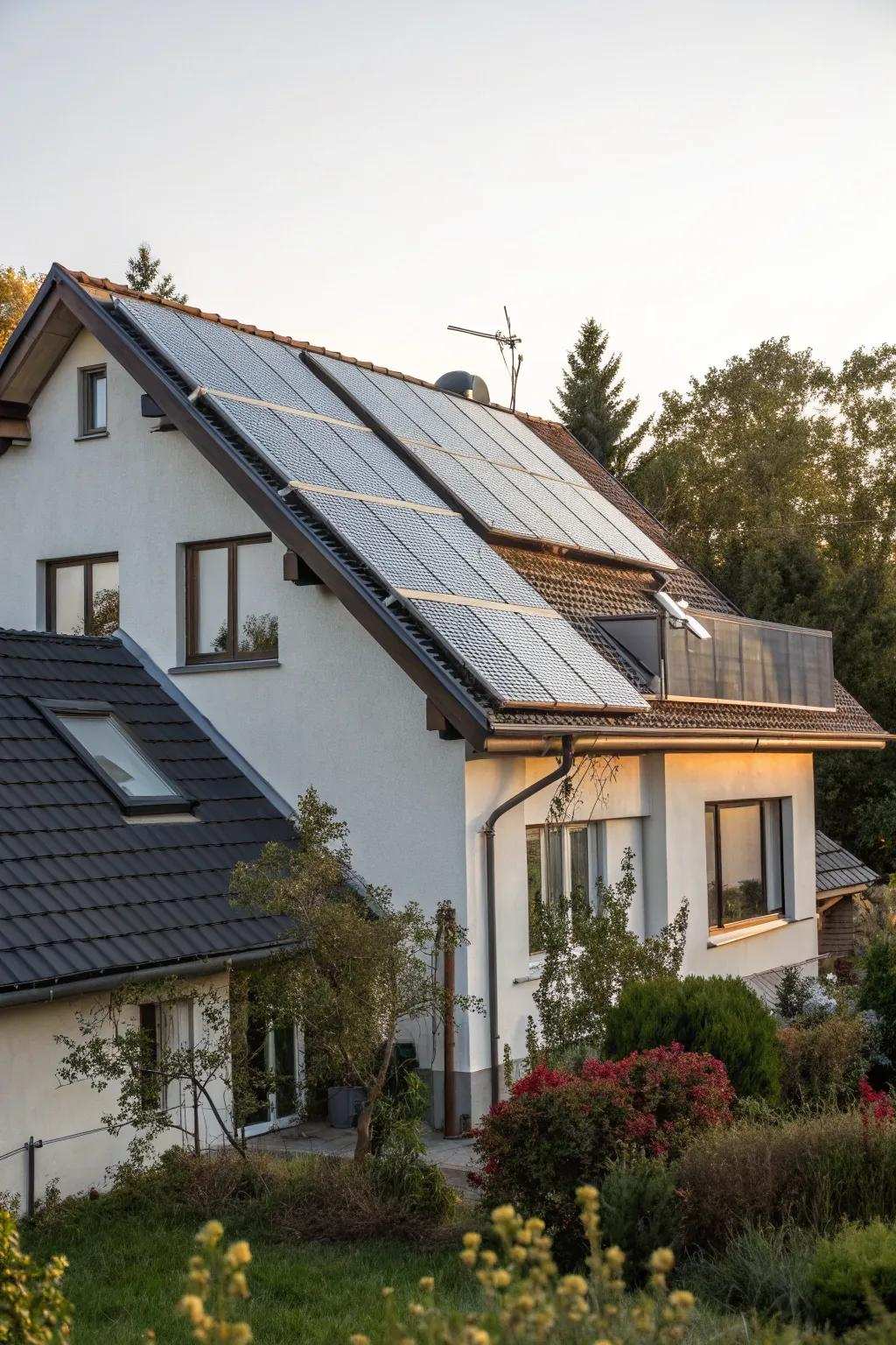 A home roof featuring solar warming panels, showing an example of eco-friendly design.