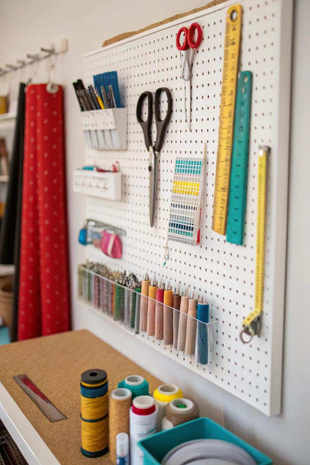 A hooked-board keeps important tools easily accessible.