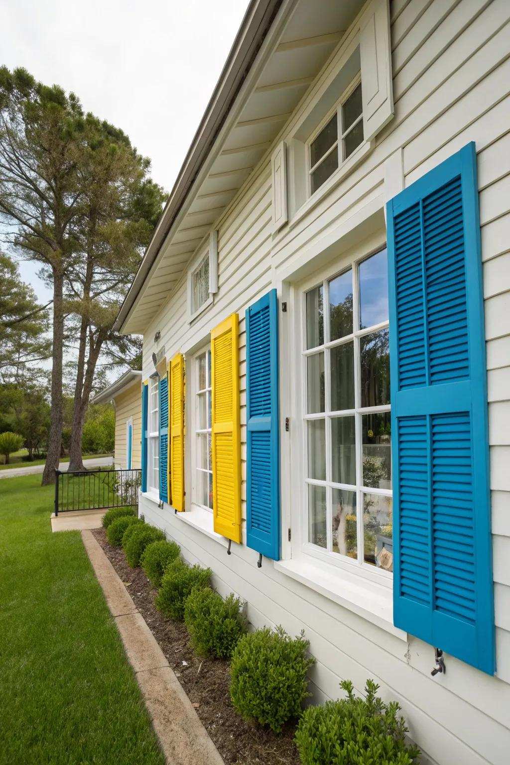 A house featuring updated windows and vibrant blinds.