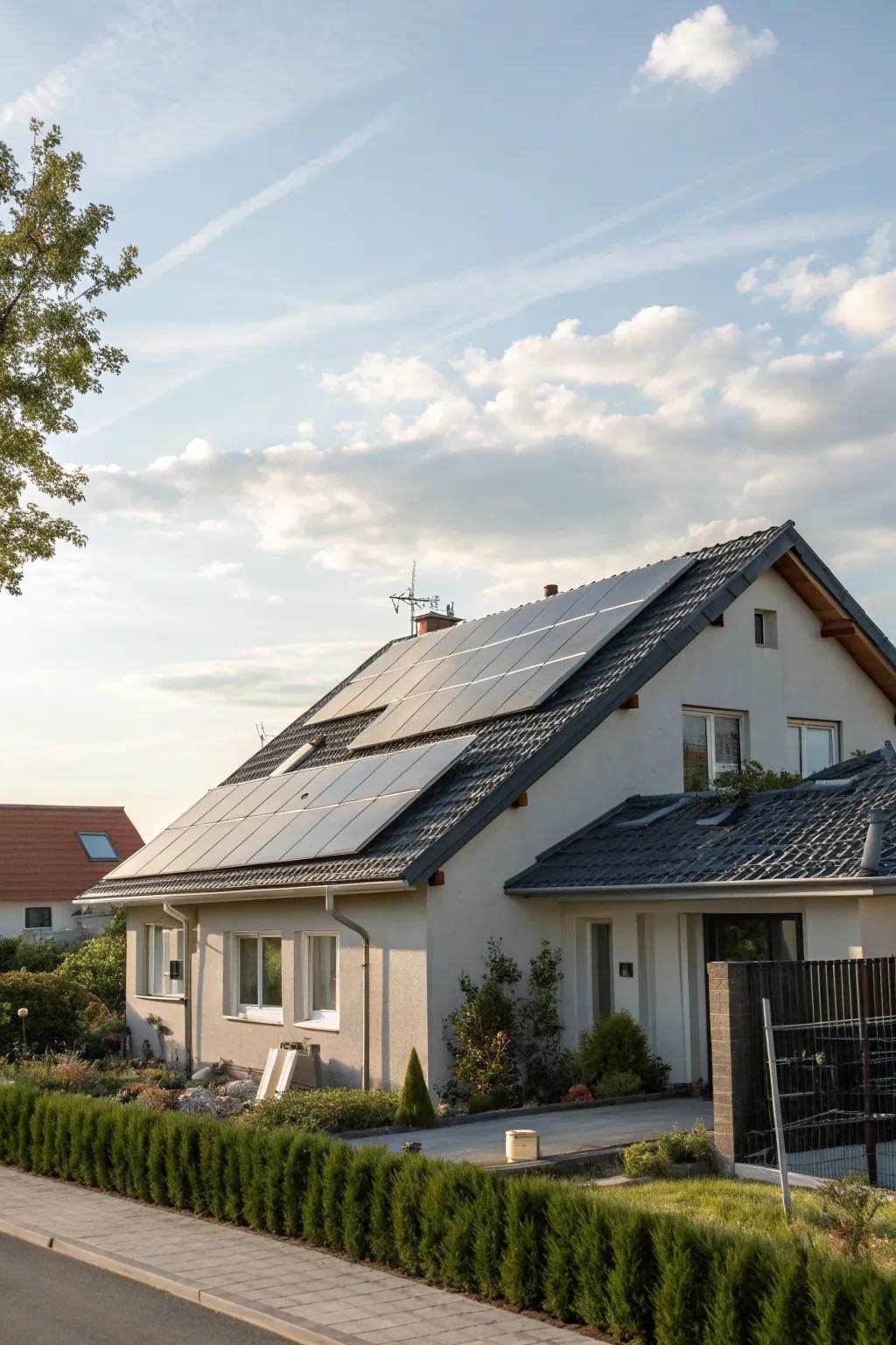 A house rooftop featuring discreetly integrated sun collectors.