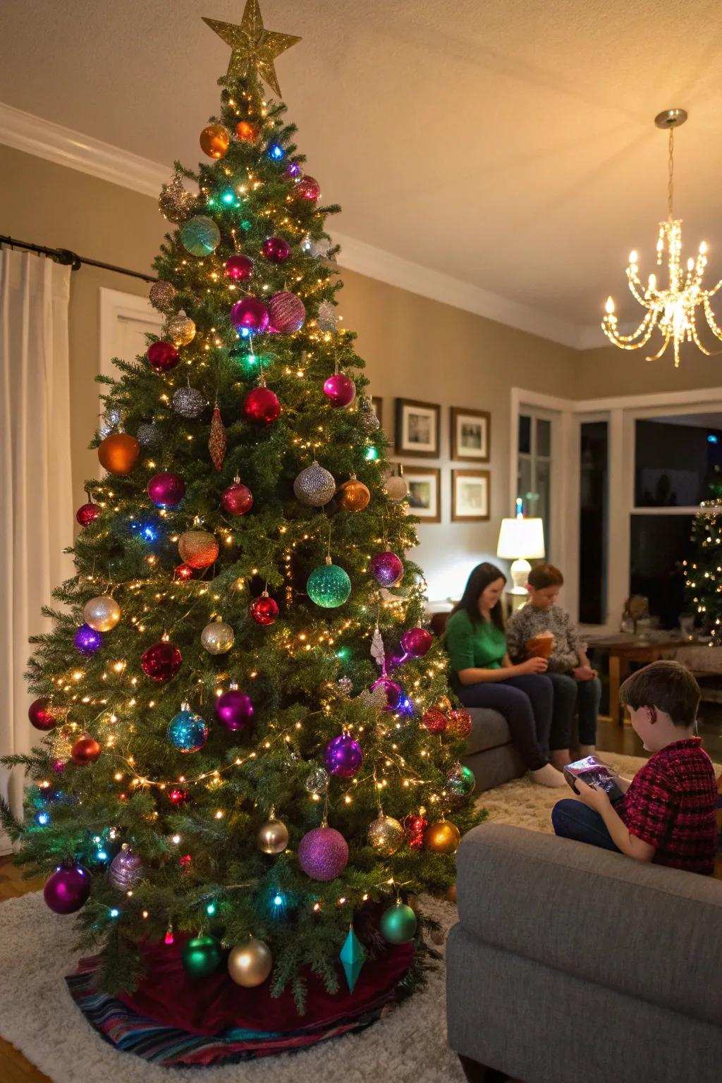 A hue burst extravaganza Christmas bauble tree that's vibrant and brimming with joy.