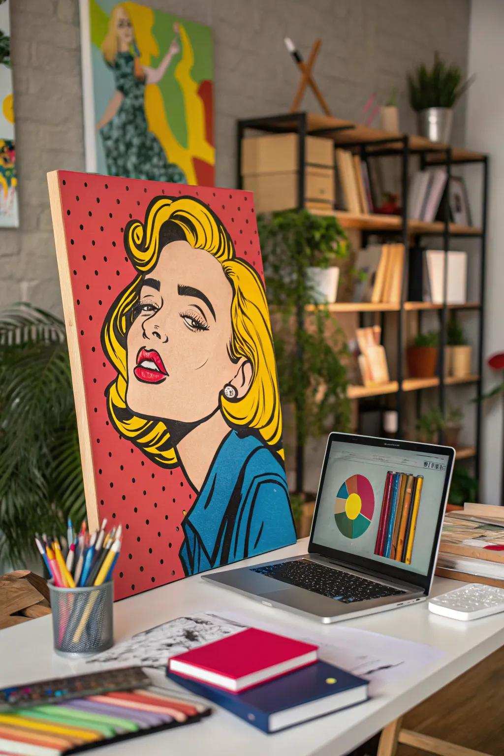 A humorous pop art painting of a meme brings life to the workspace.