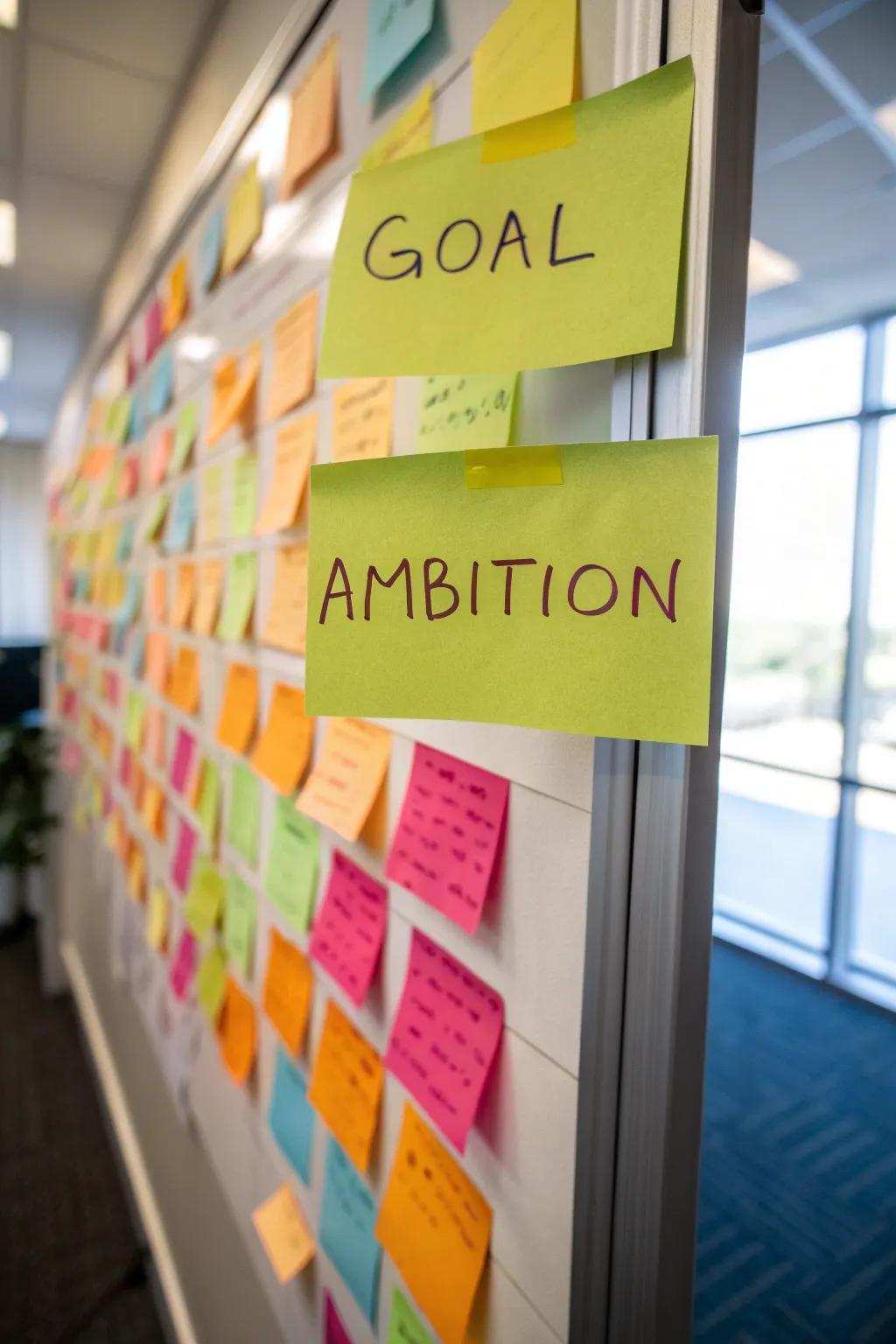A inspirational aims board with employee ambitions for the month.