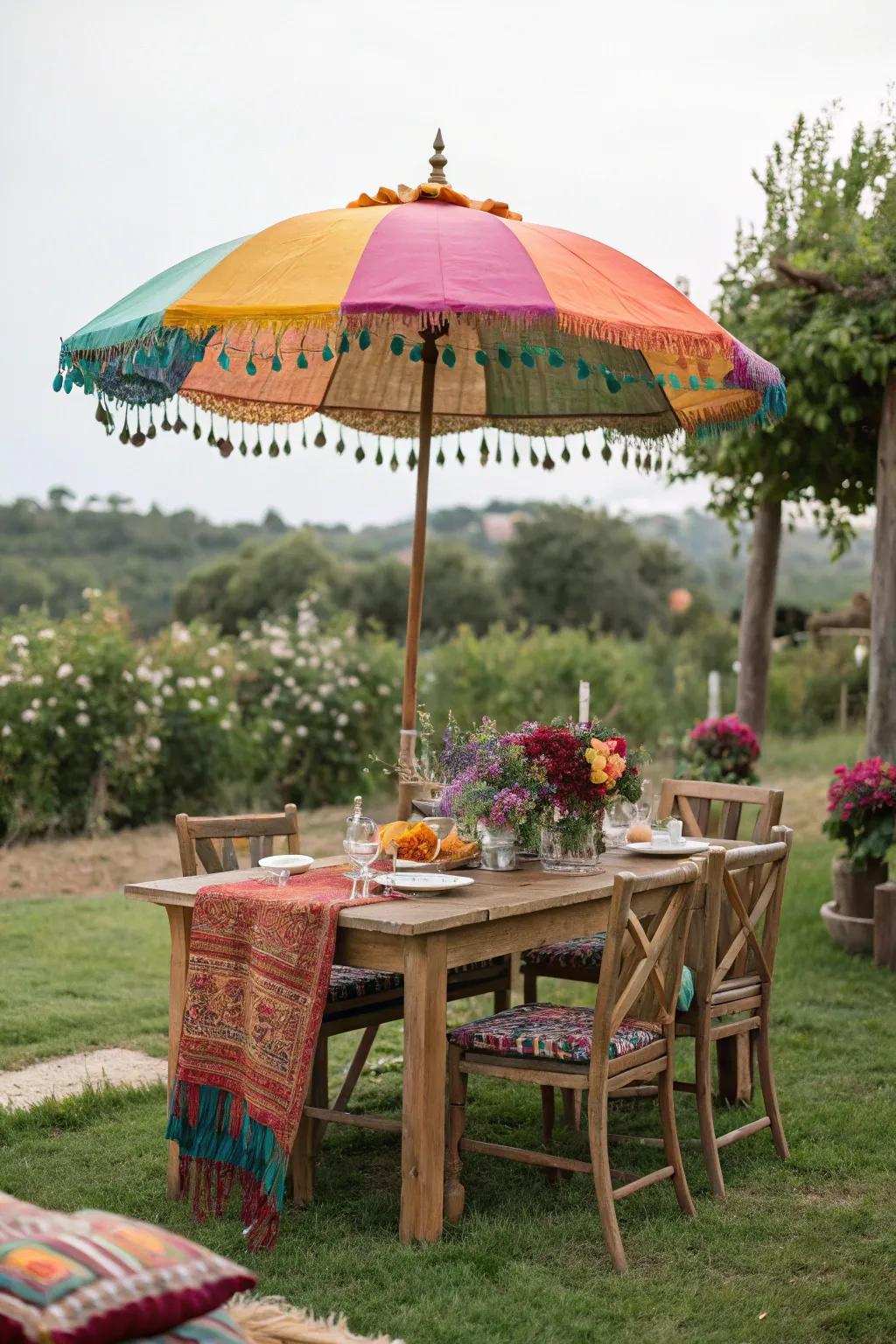 A kaleidoscopic sun umbrella appending charm to an outdoor dining zone.