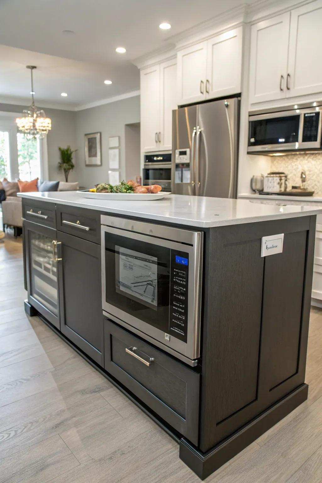 A kitchen island with an incorporated rapid food cooker boosts functionality and ease of movement.