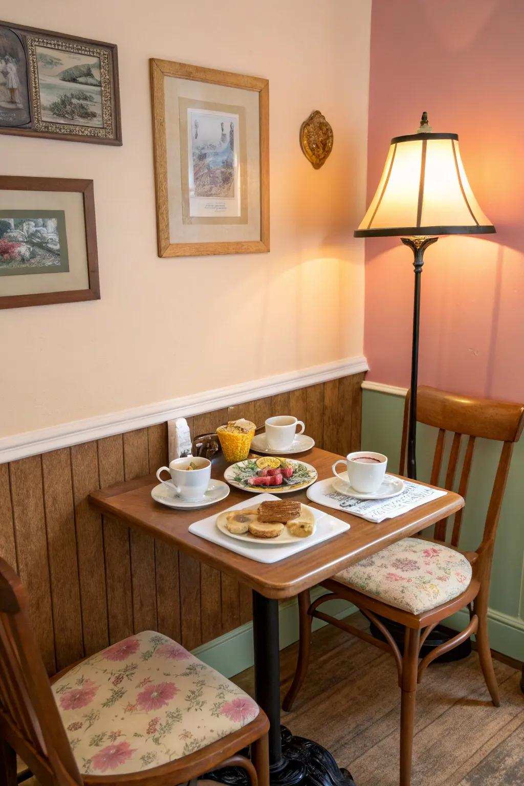 A lamp casting a gentle glow in a snug breakfast nook.