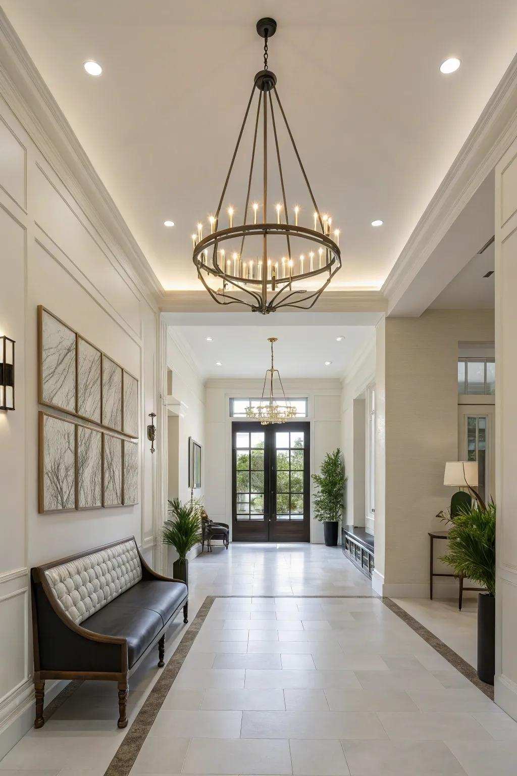A linear pendant light improves the minimalist aesthetic of this entrance hall.
