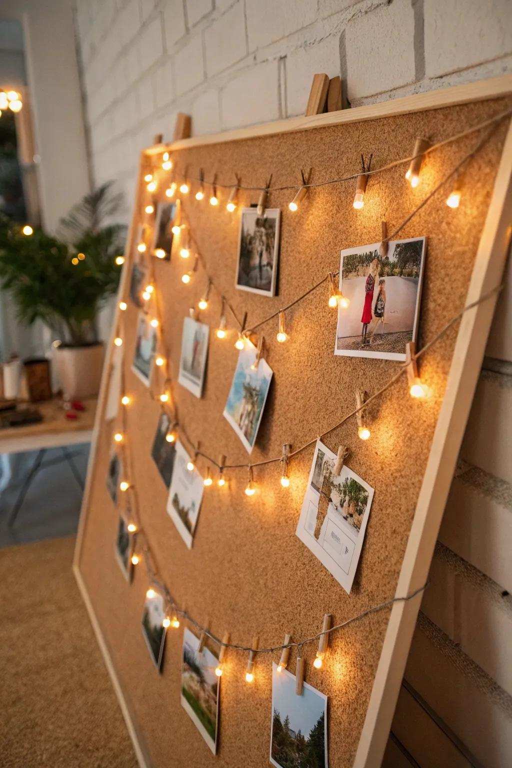 A lit corkboard delivers a photo display that is simple to refresh.