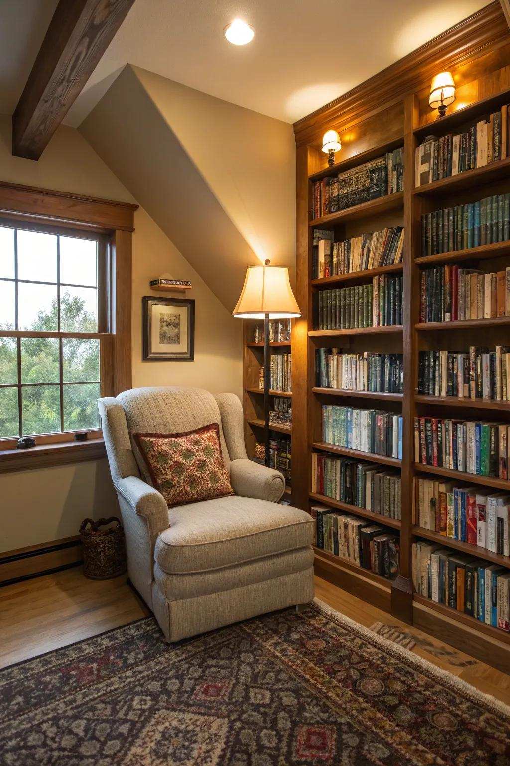 A literary nook furnishes a snug getaway.