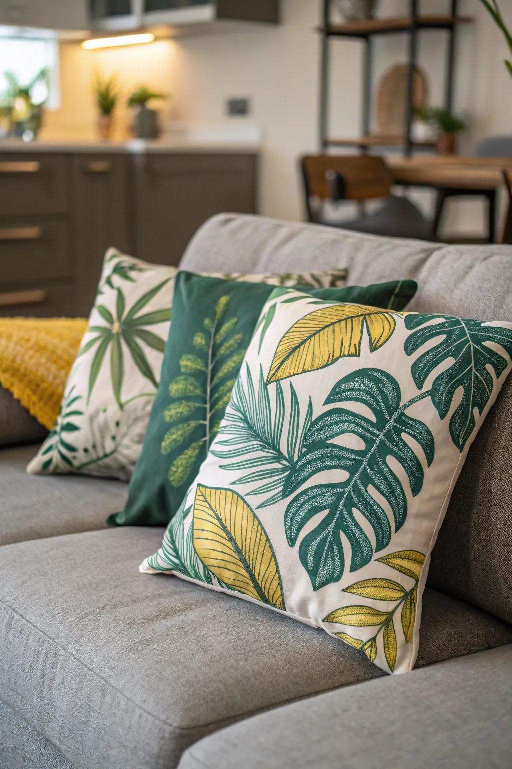 A lively and exotic atmosphere is created by tropical prints.