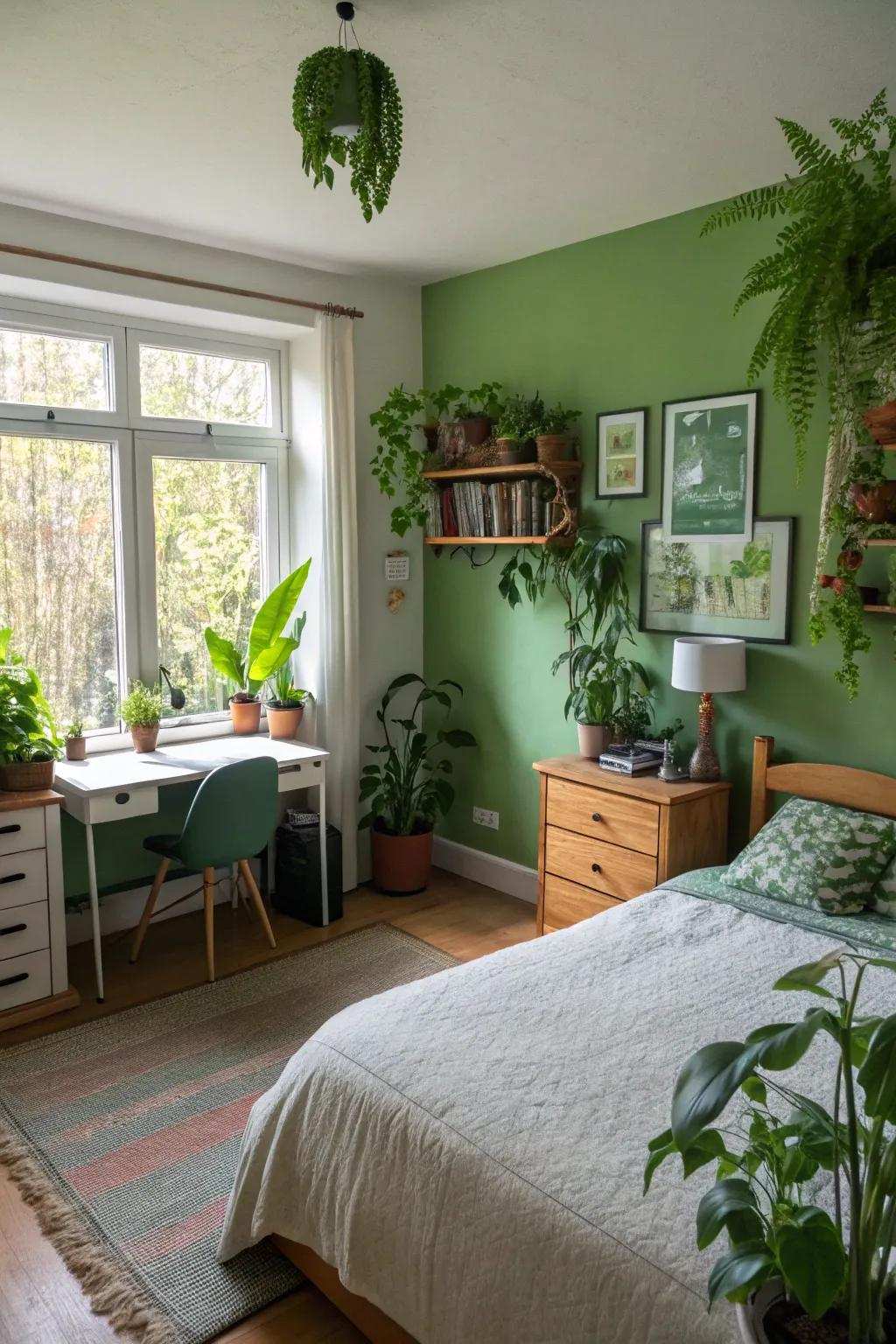 A lively bedroom with verdant walls and a variety of indoor foliage.