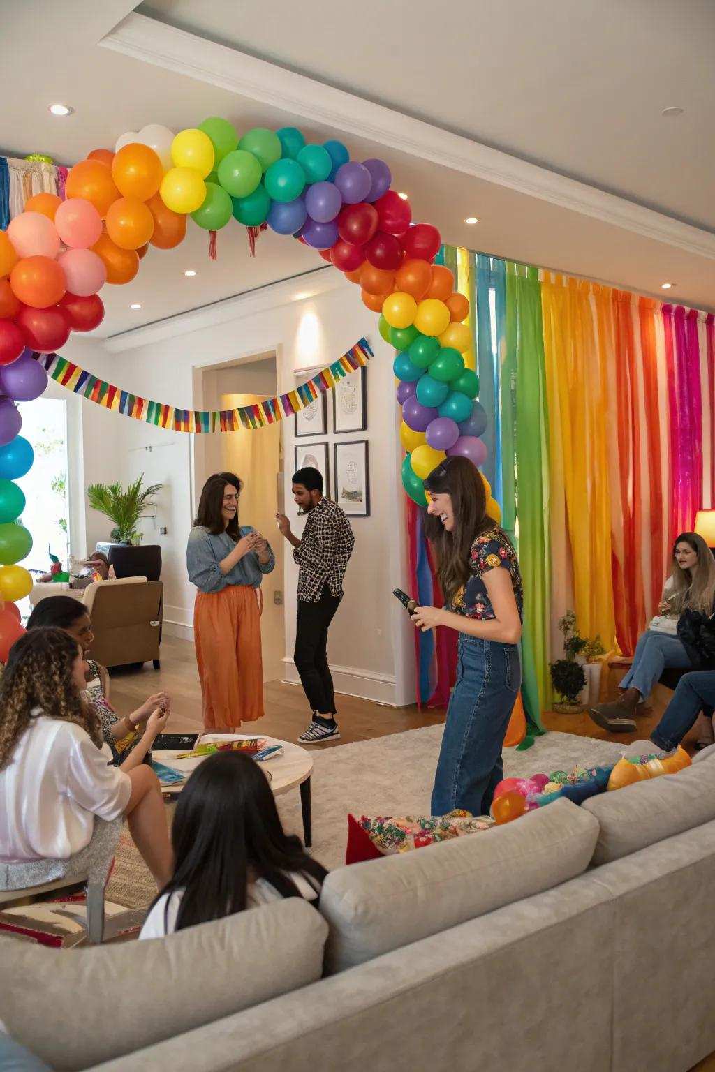 A lively indoor party showcasing a vibrant visual and balloon display.