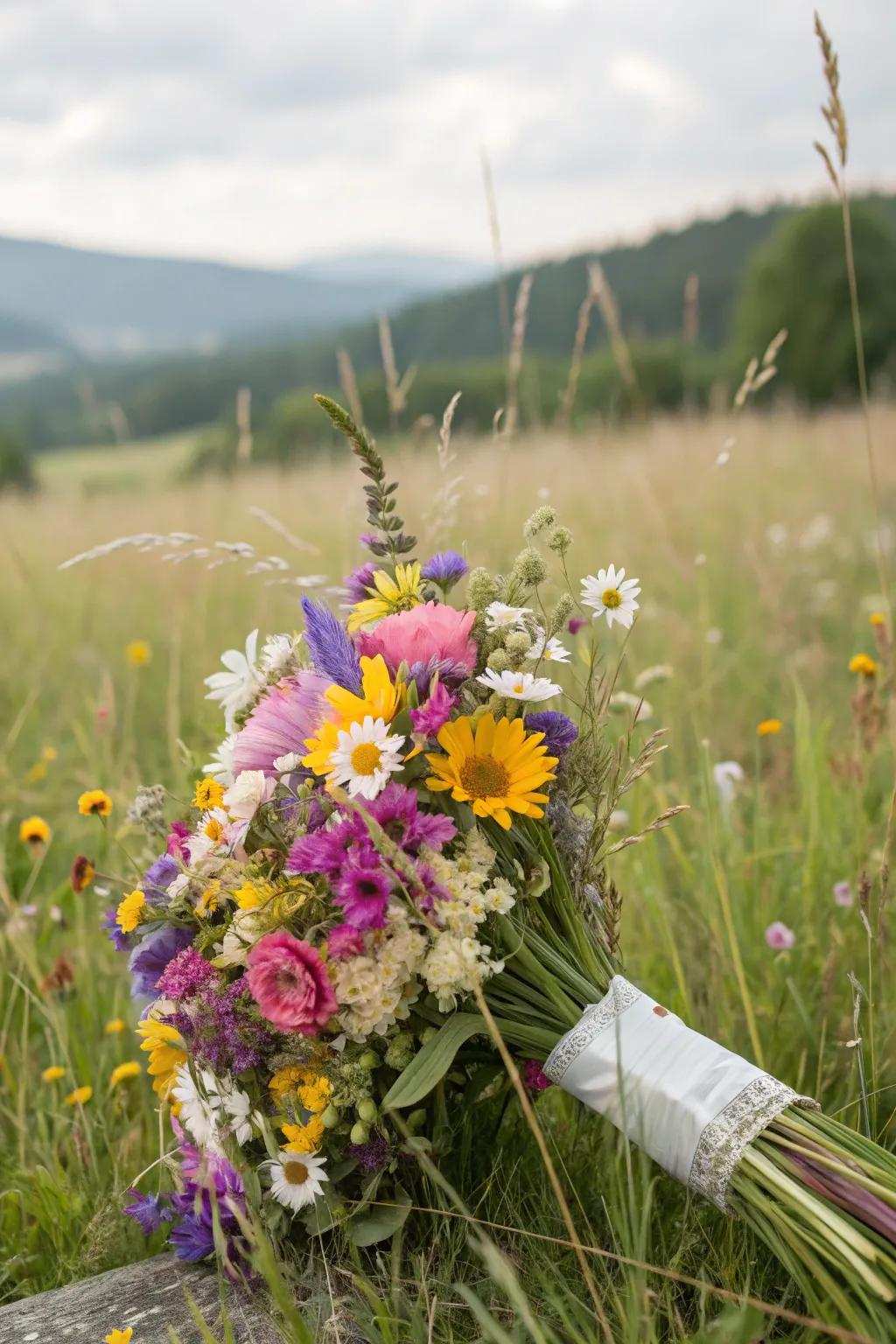 A lively selection of meadow blooms, ideal for an economical wedding celebration.